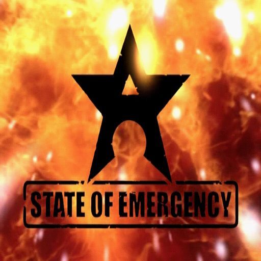State of Emergency (PlayStation 2) screenshot: The game starts with a series of company logos which are in turn followed by a short sequence of looters being beaten up by riot police, then comes this title screen