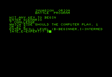 Invasion Orion (Commodore PET/CBM) screenshot: Select scenario