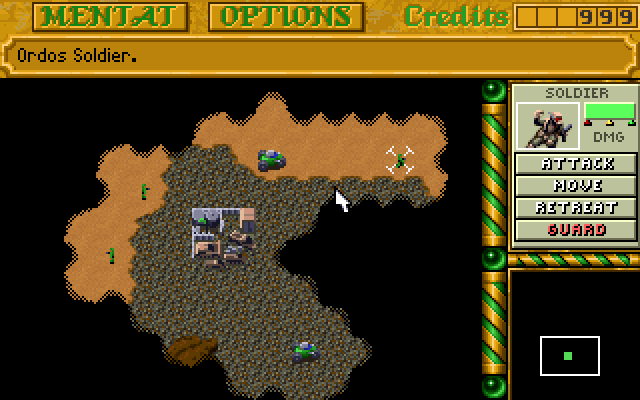 Dune II: The Building of a Dynasty (DOS) screenshot: Starting with Ordos, exploring the map in search for the spice hotspots.