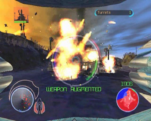 Battle Engine Aquila (PlayStation 2) screenshot: A scene from the game's introduction showing a weapons upgrade