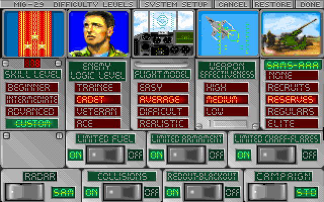 MiG-29: Deadly Adversary of Falcon 3.0 (DOS) screenshot: Difficulty setup