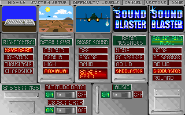 MiG-29: Deadly Adversary of Falcon 3.0 (DOS) screenshot: System setup