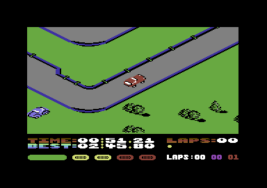 Fast Tracks: The Computer Slot Car Construction Kit (Commodore 64) screenshot: The purple car's been pushed off