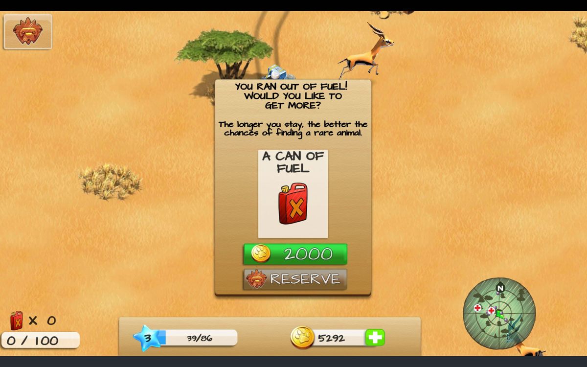 Wonder Zoo: Animal & Dinosaur Rescue (Android) screenshot: Too much driving and you're out of fuel.