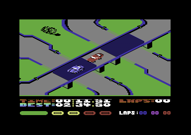 Fast Tracks: The Computer Slot Car Construction Kit (Commodore 64) screenshot: Close racing on the bridge