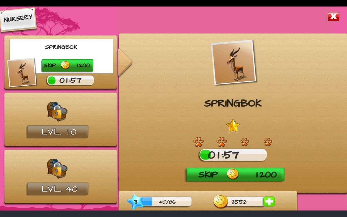 Wonder Zoo: Animal & Dinosaur Rescue (Android) screenshot: A springbok in the nursery