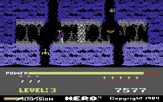 H.E.R.O. (Commodore 64) screenshot: Blasting through a wall with your laser