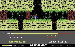 H.E.R.O. (Commodore 64) screenshot: Be careful of the red lava walls!