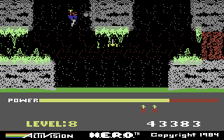 H.E.R.O. (Commodore 64) screenshot: If you touch one of the lamps, the lights will go out!