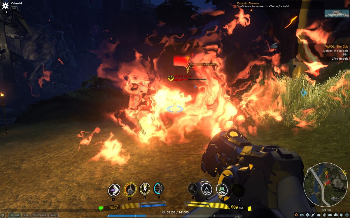 Firefall (Windows) screenshot: A rebel with a flamethrower