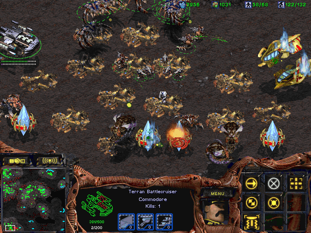 StarCraft: Brood War (Windows) screenshot: Different selection mark shows your units selected by other player in your team (though you both can control it at the sme time, which may then result it going left-right-left-right-etc.).