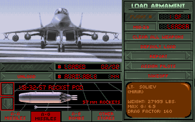 MiG-29: Deadly Adversary of Falcon 3.0 (DOS) screenshot: Load Armament screen