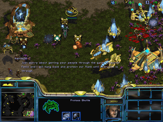 StarCraft: Brood War (Windows) screenshot: Escaping from the Aiur through the warp gate, while Jim and another Protoss hero are holding the line.