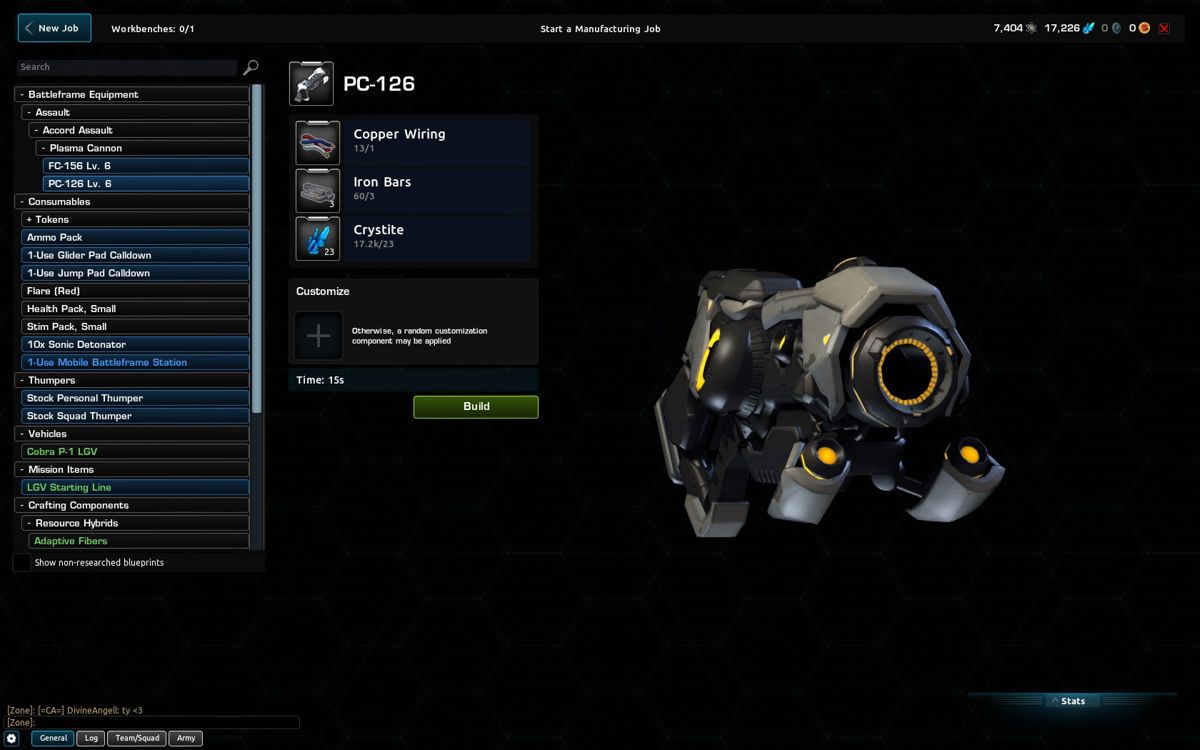 Firefall (Windows) screenshot: Crafting screen