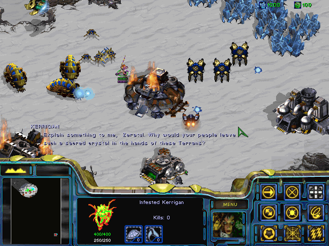 StarCraft: Brood War (Windows) screenshot: Temporary alliance of Protoss and Zergs to take on the Terran army.