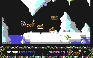 Santa's Xmas Caper (Commodore 64) screenshot: Attack of the mutated chickens.