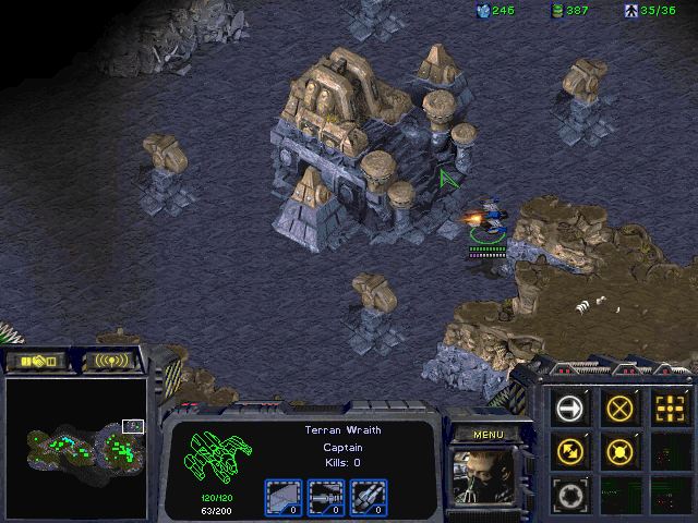 StarCraft: Brood War (Windows) screenshot: Cruisin' via Terran Wraith over some multiplayer map in search for the enemy.