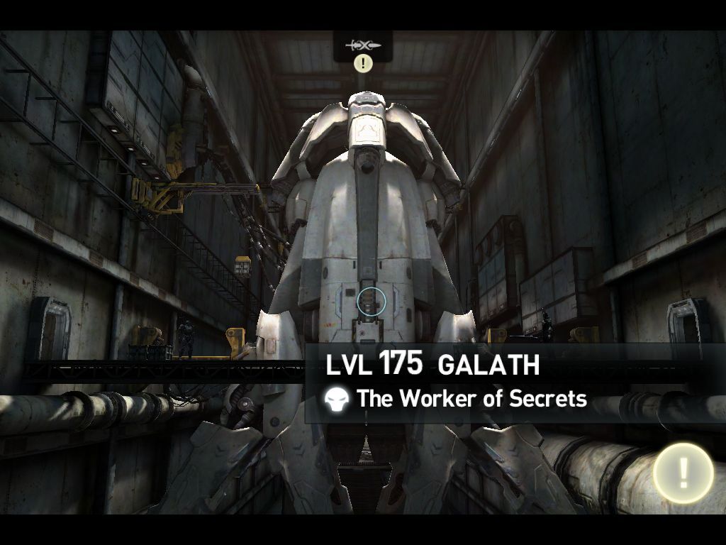 Infinity Blade III (iPad) screenshot: Following The Worker of Secrets to prevent his escape from the planet