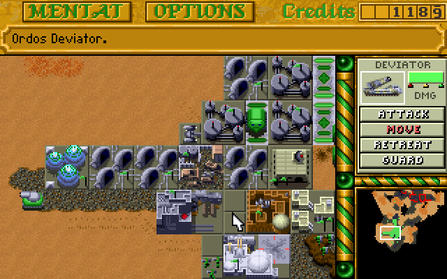 Dune II: The Building of a Dynasty (DOS) screenshot: A large Ordos base.