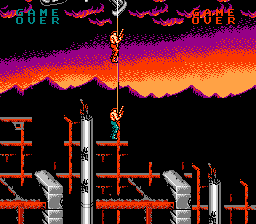 Super Contra (NES) screenshot: Descending down a rope to start the game...