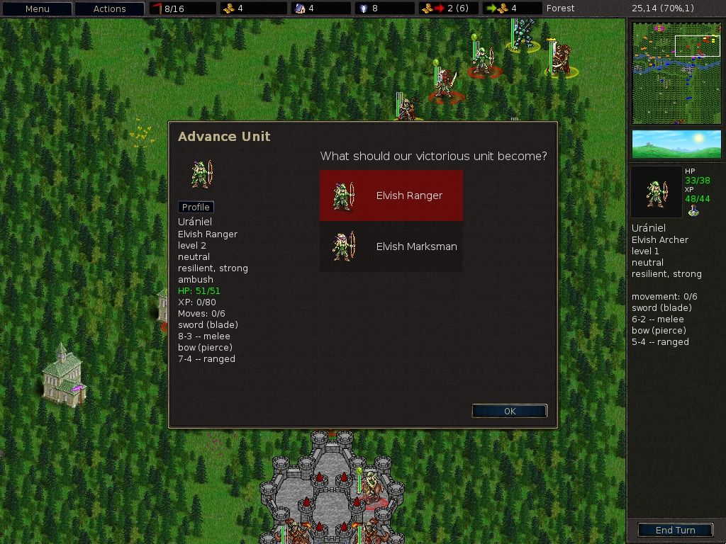 The Battle for Wesnoth (Windows) screenshot: Your unit has gone up one level, choose what kind of unit it will become.