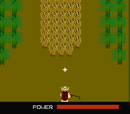 The Black Bass (NES) screenshot: I chose a muddy swamp. Move the ‘+’ to aim and cast out when the power reaches the top for the maximum cast.
