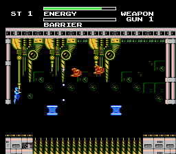 Dynowarz: Destruction of Spondylus (NES) screenshot: You start off as a humanoid and must make your way to your giant dinosaur robot