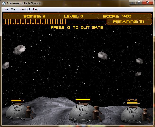 Missile Strike (Windows) screenshot: Early on on the game. A couple of rocks have landed damaging two of the bases