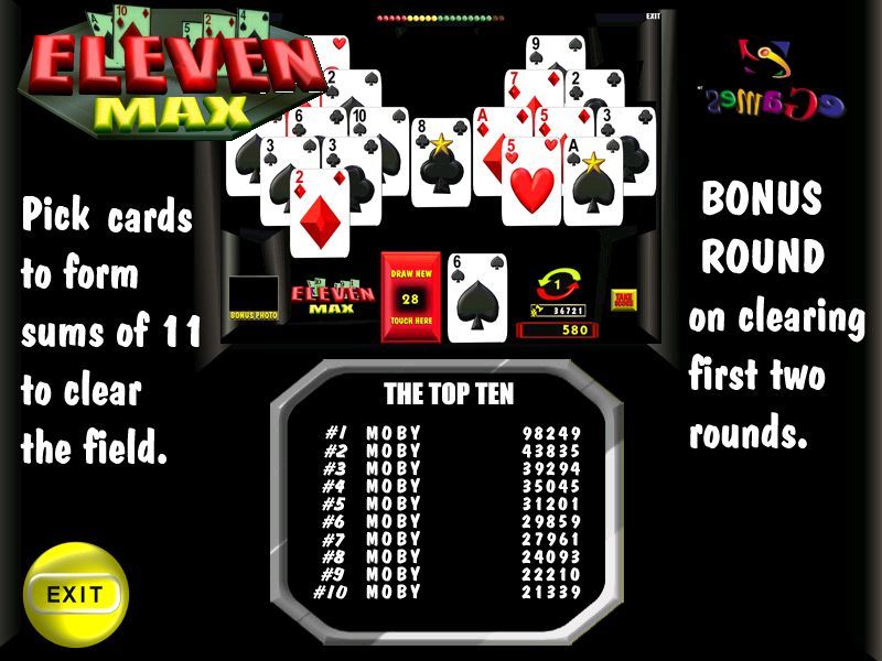 Galaxy of Games 201 (Windows) screenshot: Eleven Max is a variation of Aces Solitaire where players must click on combinations of cards that add up to eleven