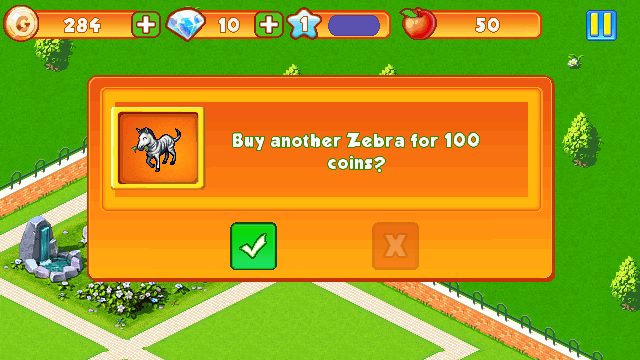 Wonder Zoo (J2ME) screenshot: Use coins to buy animals (640x360).