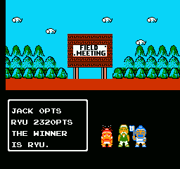 Little Ninja Brothers (NES) screenshot: After an event is finished your scores are compared.