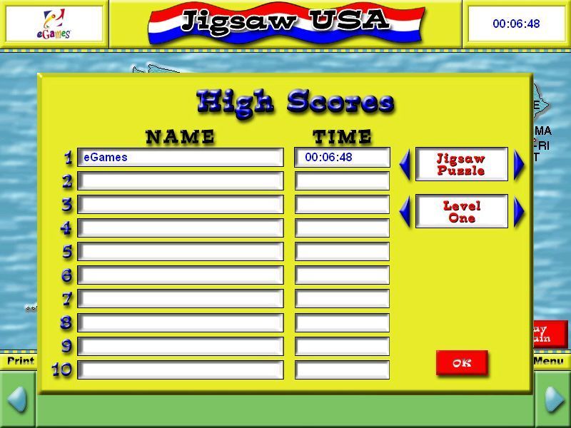Jigsaw USA (Windows) screenshot: The high score table