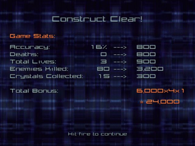 Juno Nemesis Remix (Windows) screenshot: Statistics are displayed at the end of each "Construct" group of levels