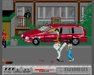Franko: The Crazy Revenge (Amiga) screenshot: Level 1 - a judoman in white trying to beat me up.