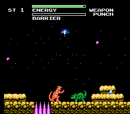 Dynowarz: Destruction of Spondylus (NES) screenshot: Fighting a robo-triceratops by punching
