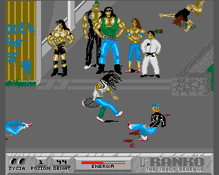 Franko: The Crazy Revenge (Amiga) screenshot: Level 1 - evil Klocek & his gang observing the fight.