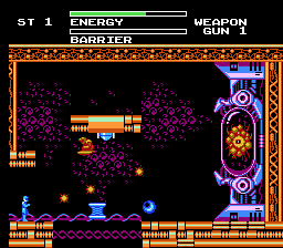 Dynowarz: Destruction of Spondylus (NES) screenshot: At least your weapon can shoot in 3 directions simultaneously which is much better than anything your dino can do; this is the energy core to be destroyed