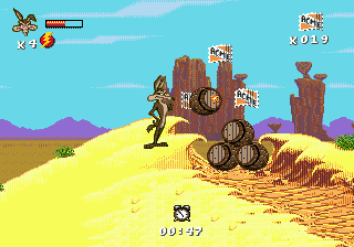 Desert Demolition Starring Road Runner and Wile E. Coyote (Genesis) screenshot: This barrel will explode in another second...