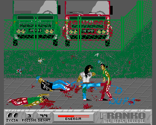 Franko: The Crazy Revenge (Amiga) screenshot: Level 3 - trying to make new friends in the car park.