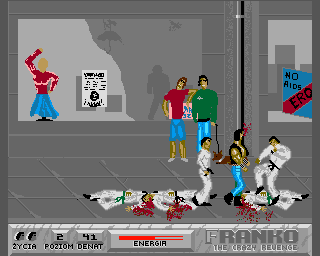 Franko: The Crazy Revenge (Amiga) screenshot: Level 2 - I have defeated three from the five fighters.