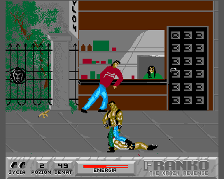 Franko: The Crazy Revenge (Amiga) screenshot: Level 2 - finishing a stunned enemy with no mercy.