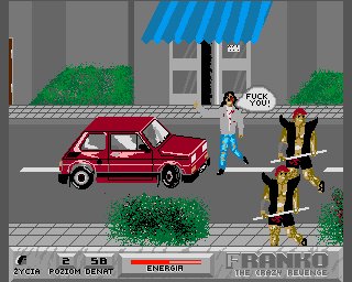 Franko: The Crazy Revenge (Amiga) screenshot: Bonus level - some brassy punks crossing the road.