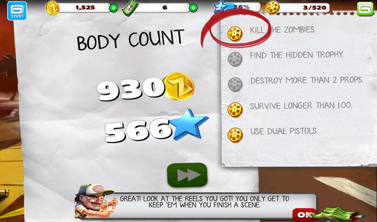 Zombiewood (Android) screenshot: Rewards and progress for the reels after completing a scene.