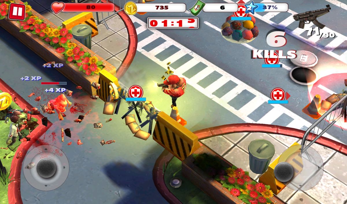 Zombiewood (Android) screenshot: In this level you need to repair the barriers to protect the cupcakes in the middle until time runs out.