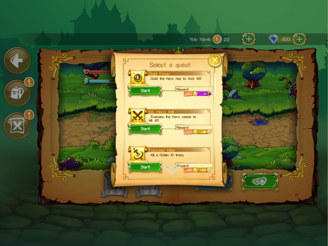 Doodle Kingdom (Windows Apps) screenshot: Selecting a quest in the My Hero mode.