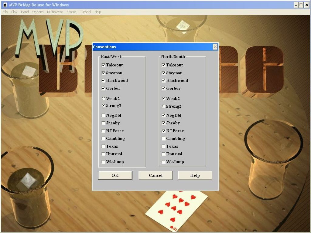 MVP Bridge Deluxe for Windows (Windows) screenshot: The game supports the Goren and the American Standard bidding systems<br>These are the conventions that can be applied