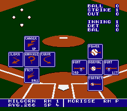 Bo Jackson Baseball (NES) screenshot: The batting screen shows the all the five different hits you can do on the right side. Just need to press the correct direction on the D-pad as the batter hits the ball. Default view in 2 player mode
