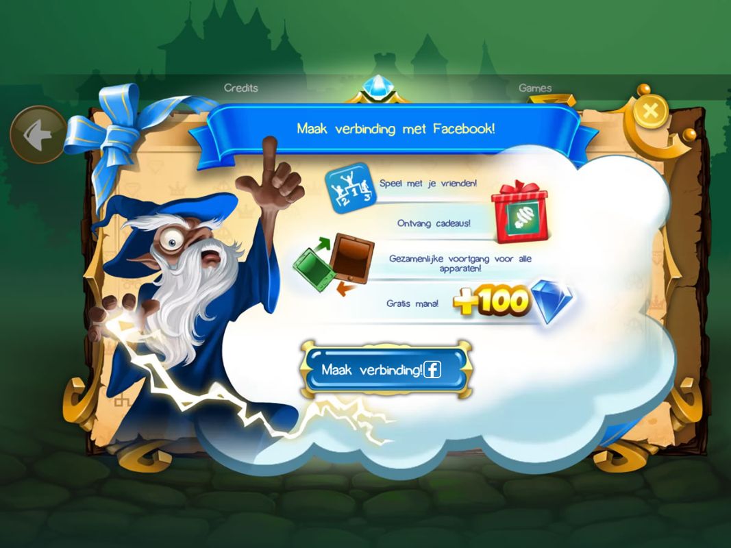 Doodle Kingdom (Windows Apps) screenshot: An encouragement to connect through Facebook (Dutch version)