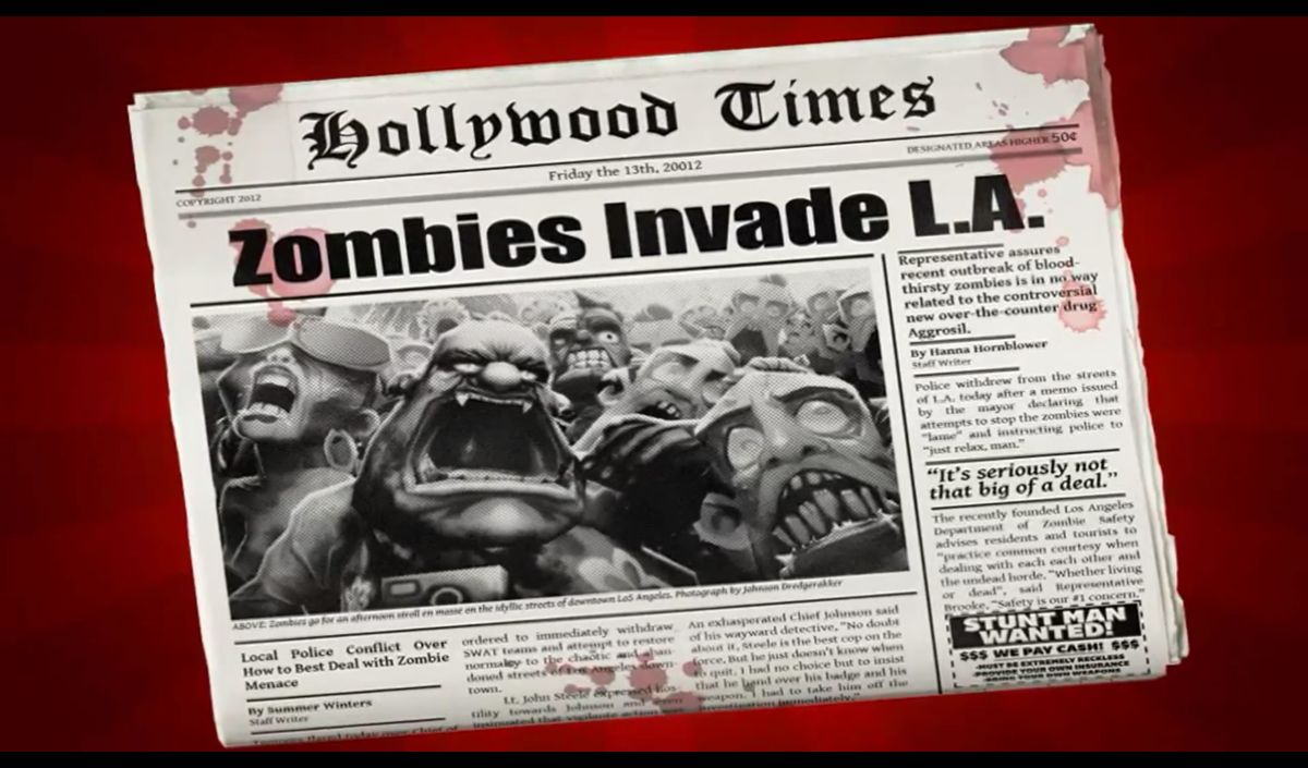 Zombiewood (Android) screenshot: The zombie invasion in a newspaper