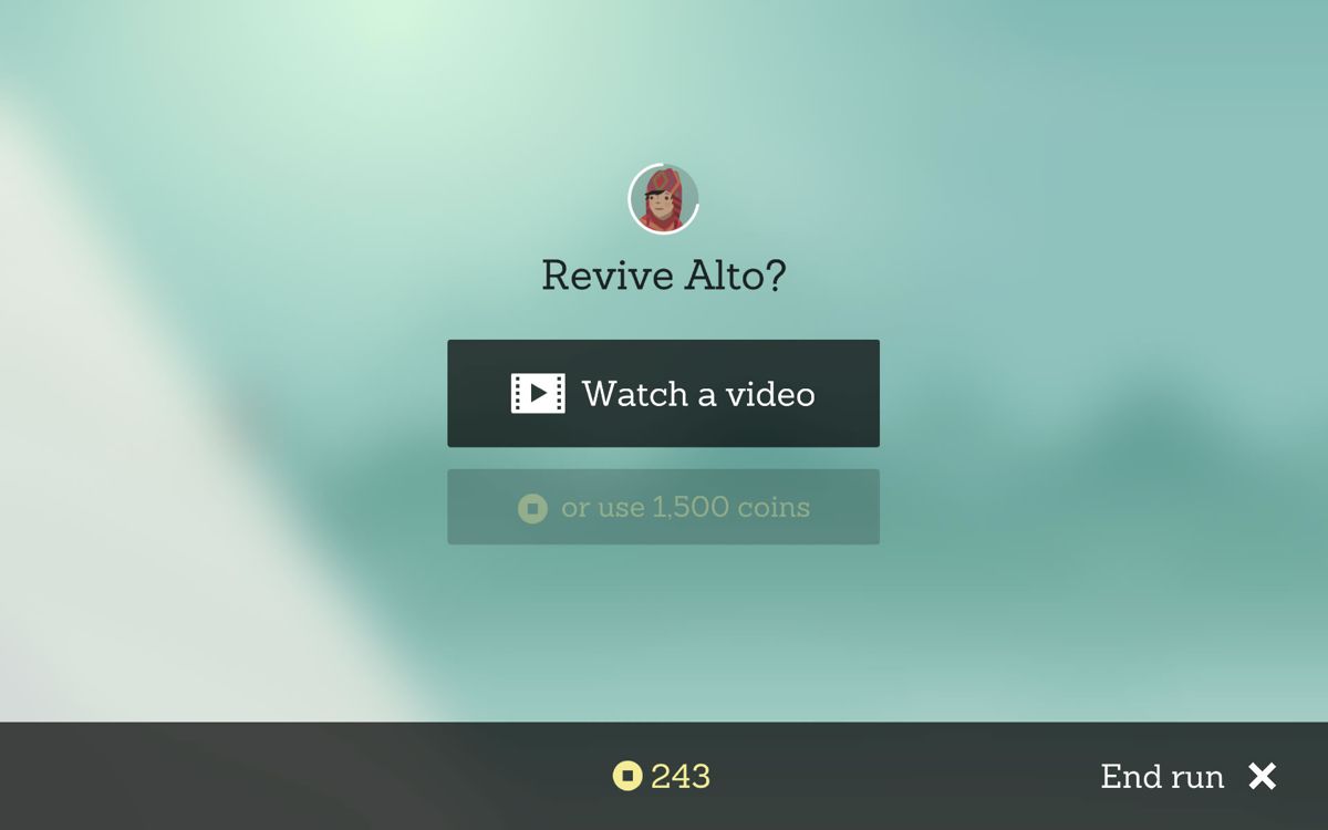 Alto's Adventure (Android) screenshot: Watch a video or use coins to continue the run.